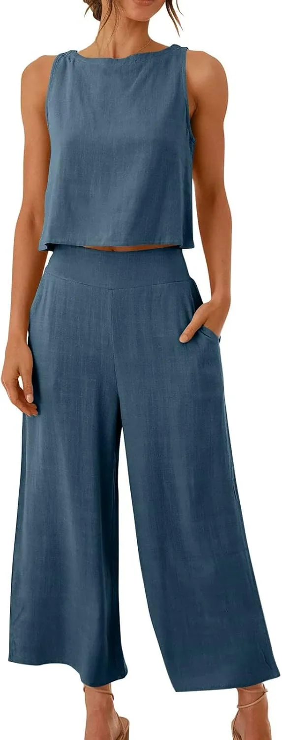 2 Piece Sets for Women Summer Crop Top Capri Wide Leg Pants Sleeveless Outfits Linen Lounge Beach Travel Sets Casual Set 2024, Medium, Dark Gray