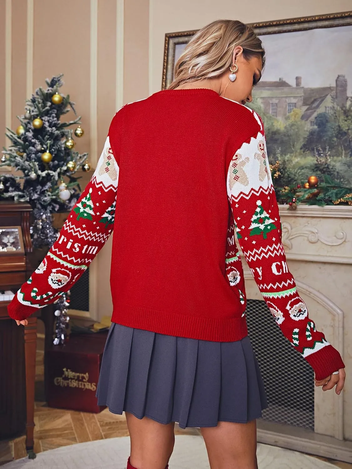 Amegoya Women's Funny Ugly Christmas Knitted Sweaters Crewneck Cute Reindeer Sweater Pullover for Holiday Party