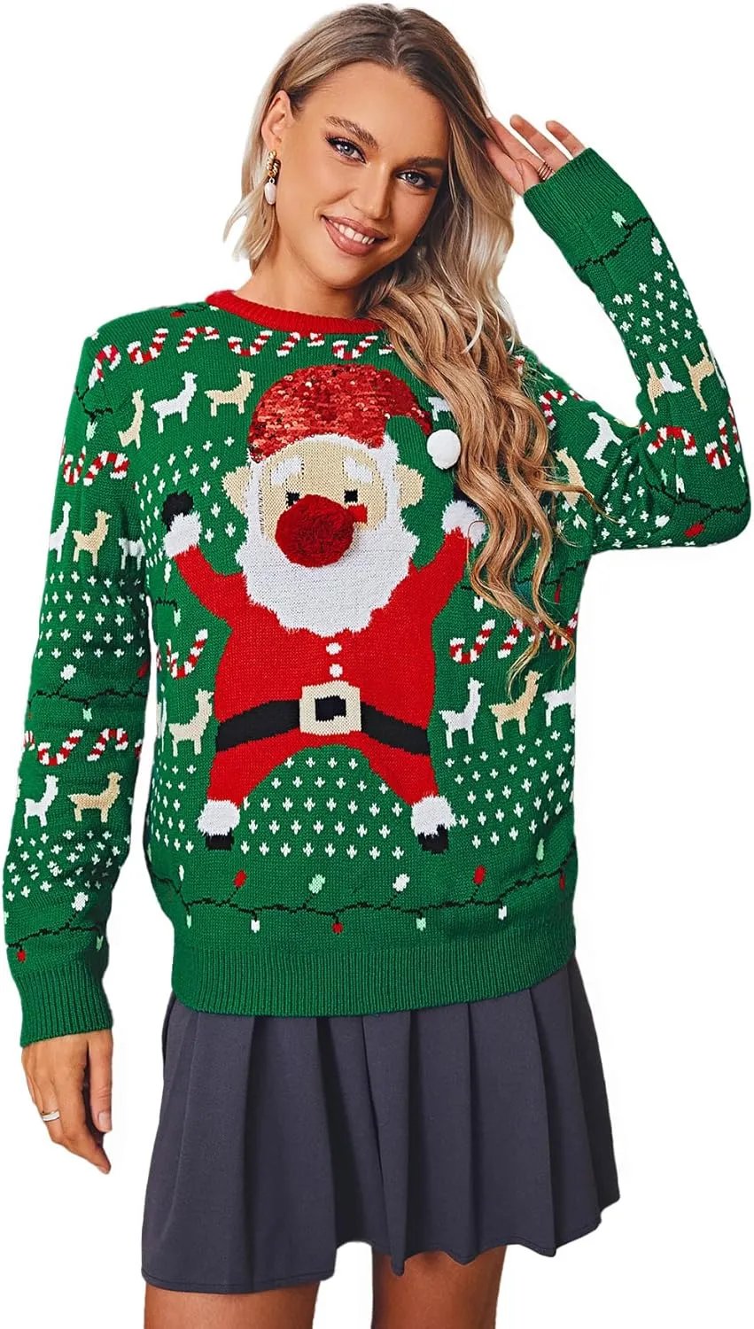 Amegoya Women's Funny Ugly Christmas Knitted Sweaters Crewneck Cute Reindeer Sweater Pullover for Holiday Party