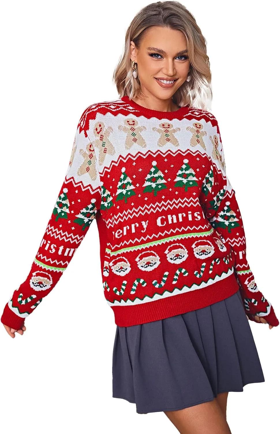 Amegoya Women's Funny Ugly Christmas Knitted Sweaters Crewneck Cute Reindeer Sweater Pullover for Holiday Party