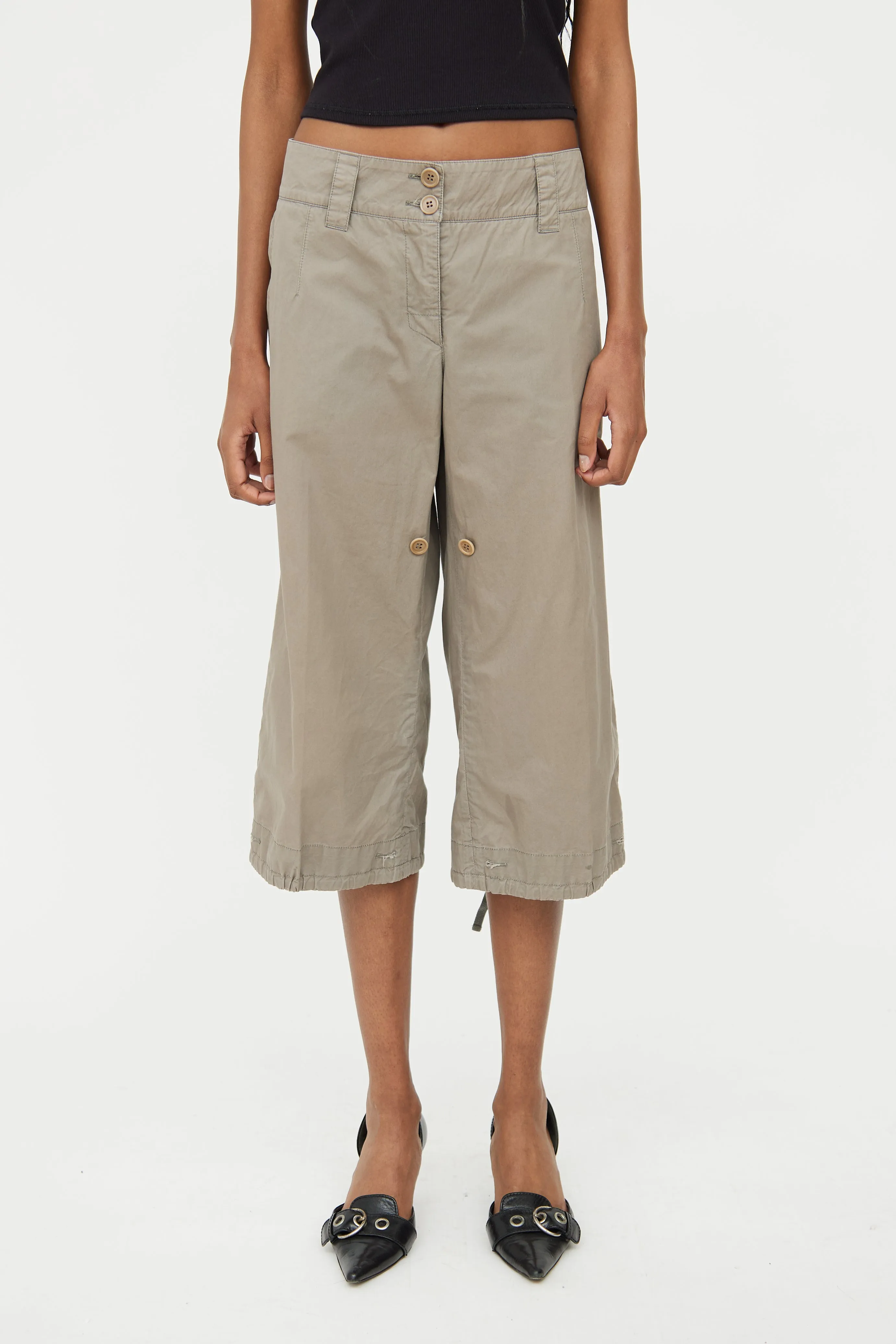 Beige Cotton Cropped Pant