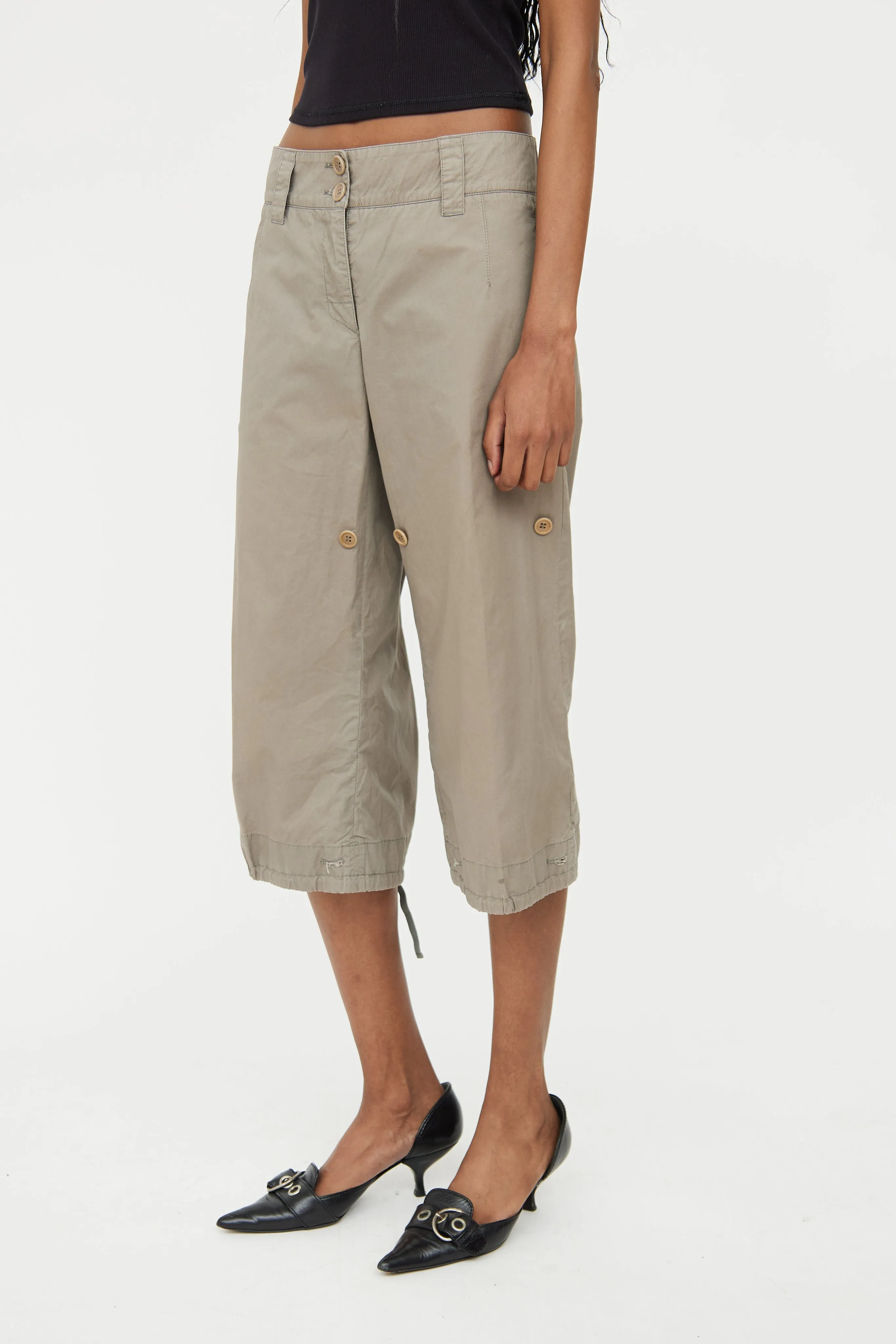 Beige Cotton Cropped Pant