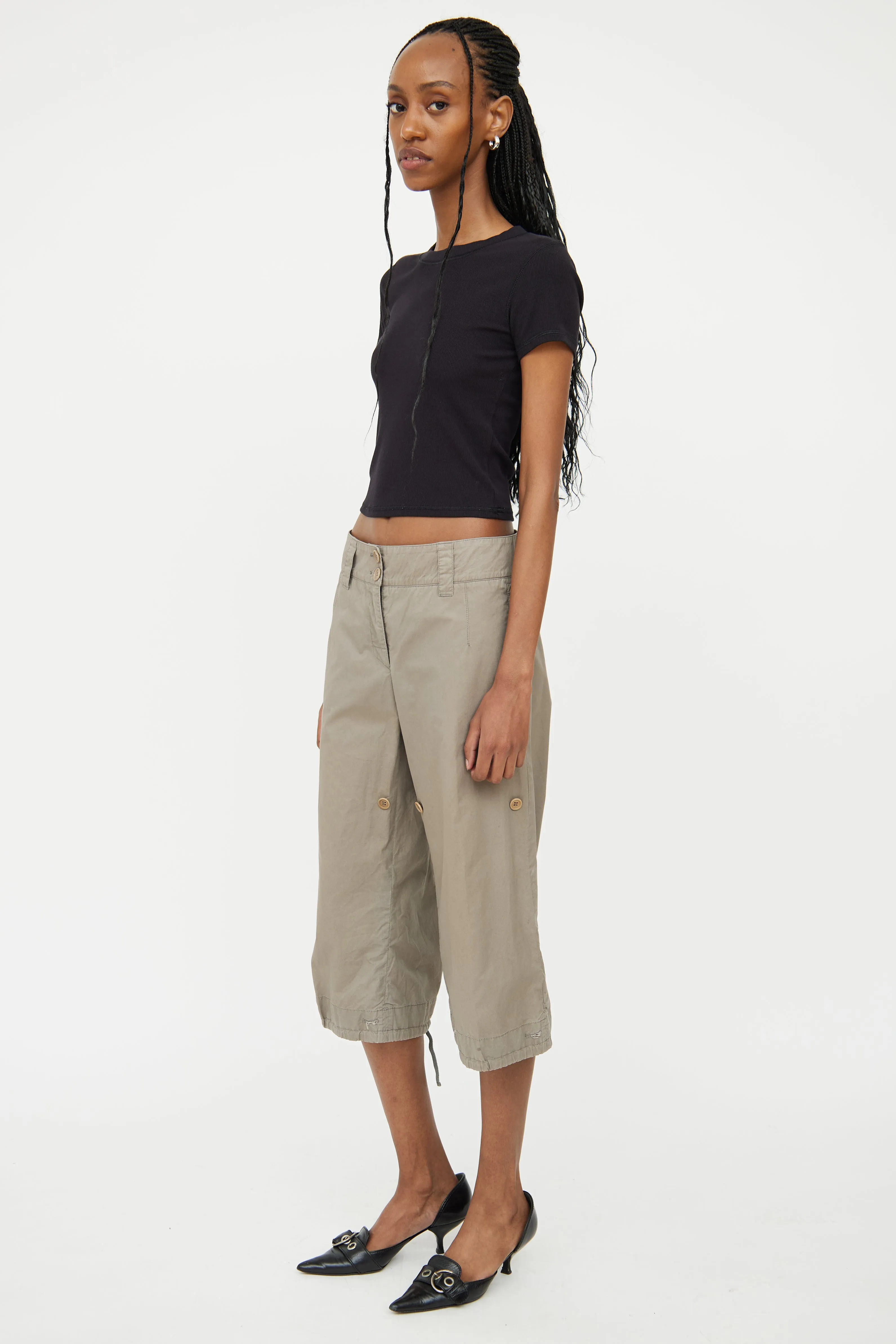 Beige Cotton Cropped Pant