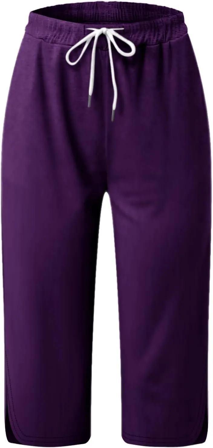 Capri Pants for Women Casual Summer Drawstring Elastic Waist Straight Leg Yoga Pants Cropped Trousers with Pockets