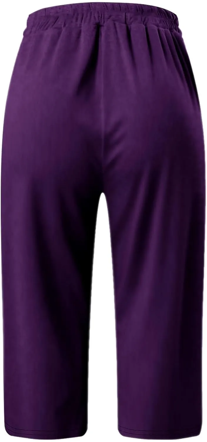 Capri Pants for Women Casual Summer Drawstring Elastic Waist Straight Leg Yoga Pants Cropped Trousers with Pockets