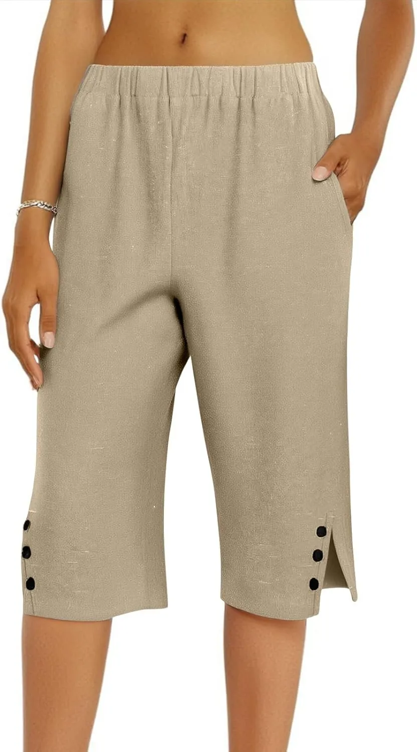 Capri Pants for Women Linen Elastic Weight Drawstring Pant 2025 Summer Casual Cotton Wide Leg Trouser with Pockets