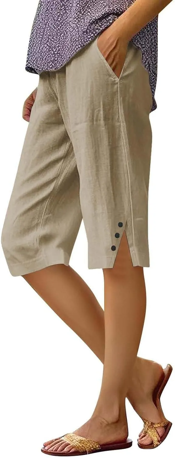 Capri Pants for Women Linen Elastic Weight Drawstring Pant 2025 Summer Casual Cotton Wide Leg Trouser with Pockets