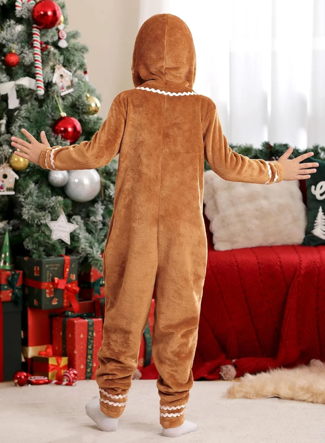 Christmas Unisex Kids Cute Gingerbread Onesie Zip Up Gingerbread Man Hooded Jumpsuit 5-14 Years