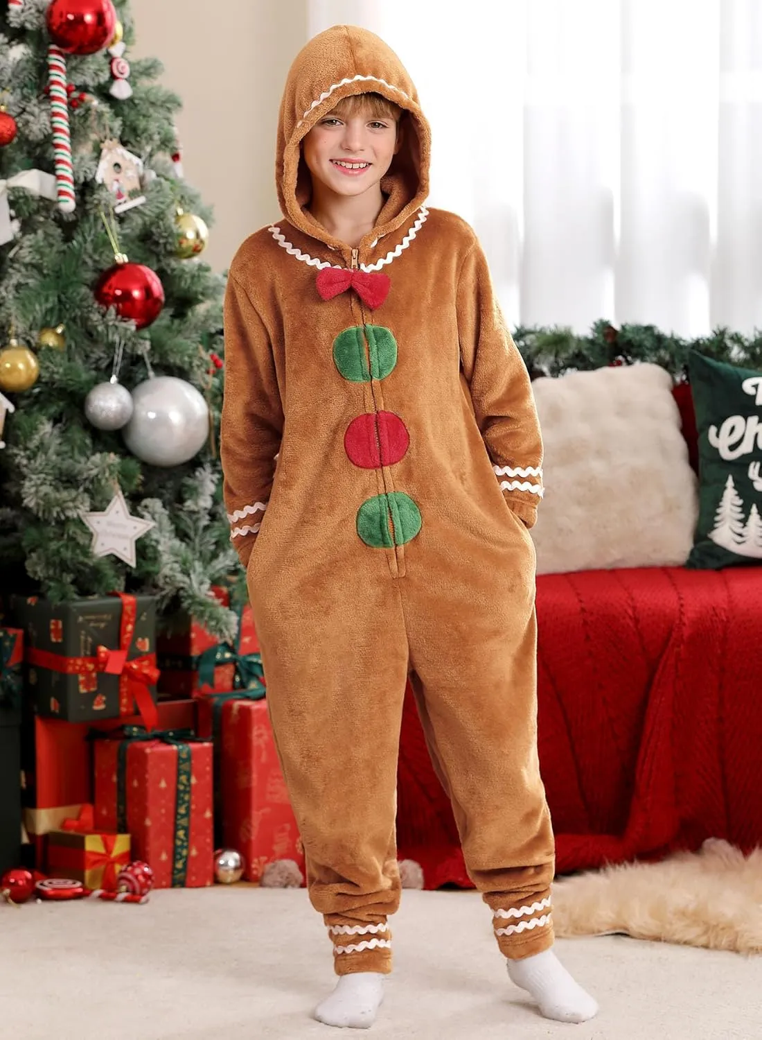 Christmas Unisex Kids Cute Gingerbread Onesie Zip Up Gingerbread Man Hooded Jumpsuit 5-14 Years