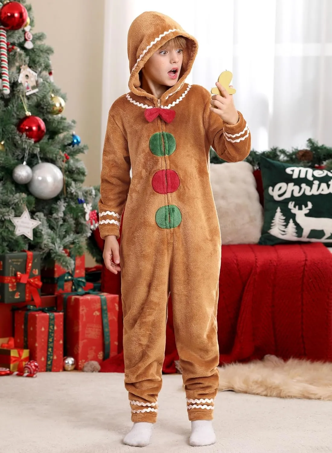 Christmas Unisex Kids Cute Gingerbread Onesie Zip Up Gingerbread Man Hooded Jumpsuit 5-14 Years