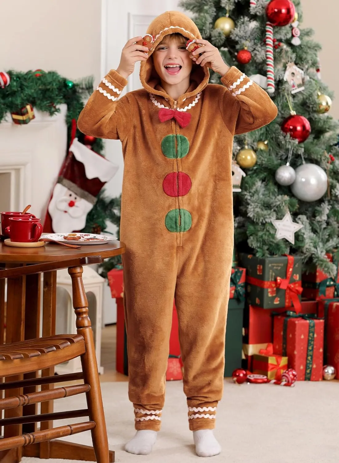 Christmas Unisex Kids Cute Gingerbread Onesie Zip Up Gingerbread Man Hooded Jumpsuit 5-14 Years
