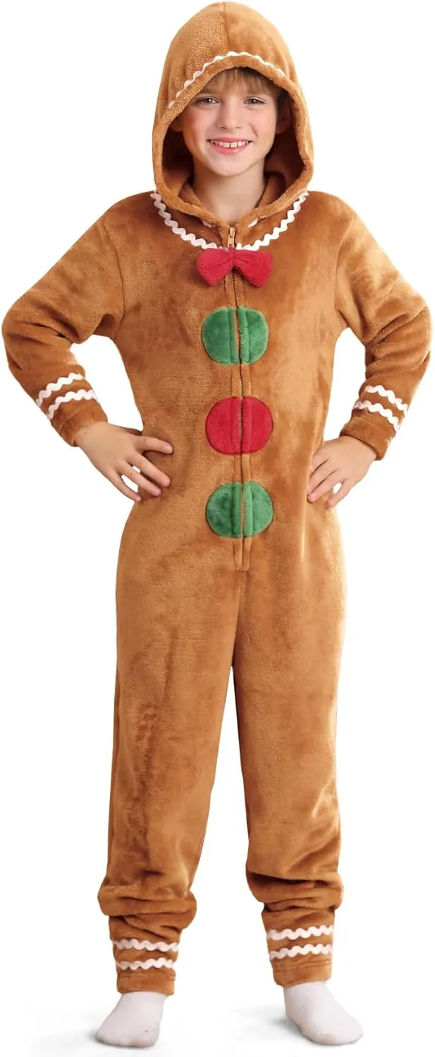 Christmas Unisex Kids Cute Gingerbread Onesie Zip Up Gingerbread Man Hooded Jumpsuit 5-14 Years