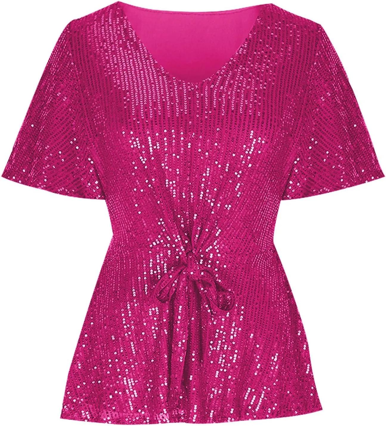 DASAYO Holiday Peplum Tops for Women Trendy Tie Front Tunics Elegant Blouse Dressy Casual Sequin V-Neck Short Sleeve Shirts