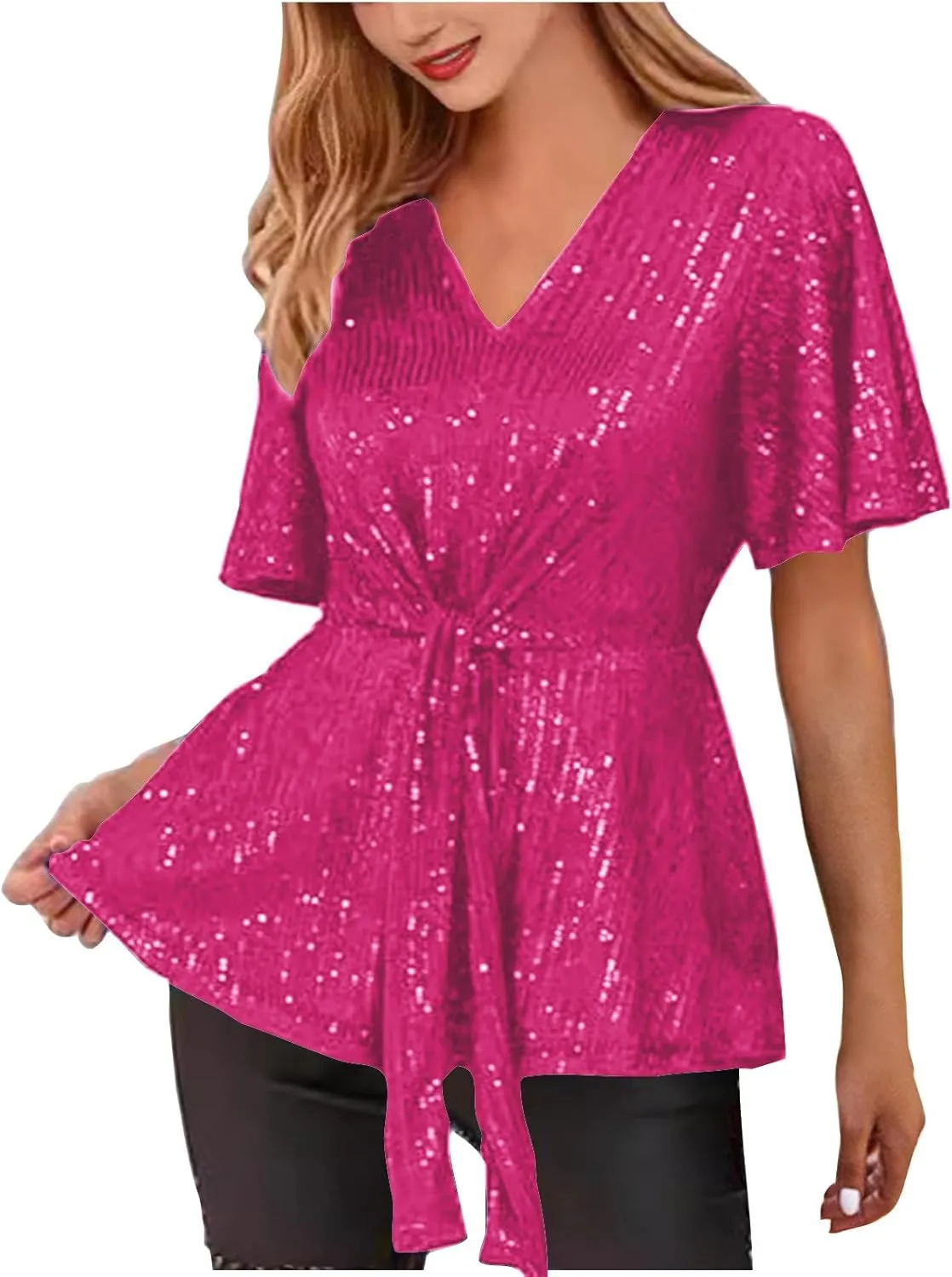 DASAYO Holiday Peplum Tops for Women Trendy Tie Front Tunics Elegant Blouse Dressy Casual Sequin V-Neck Short Sleeve Shirts
