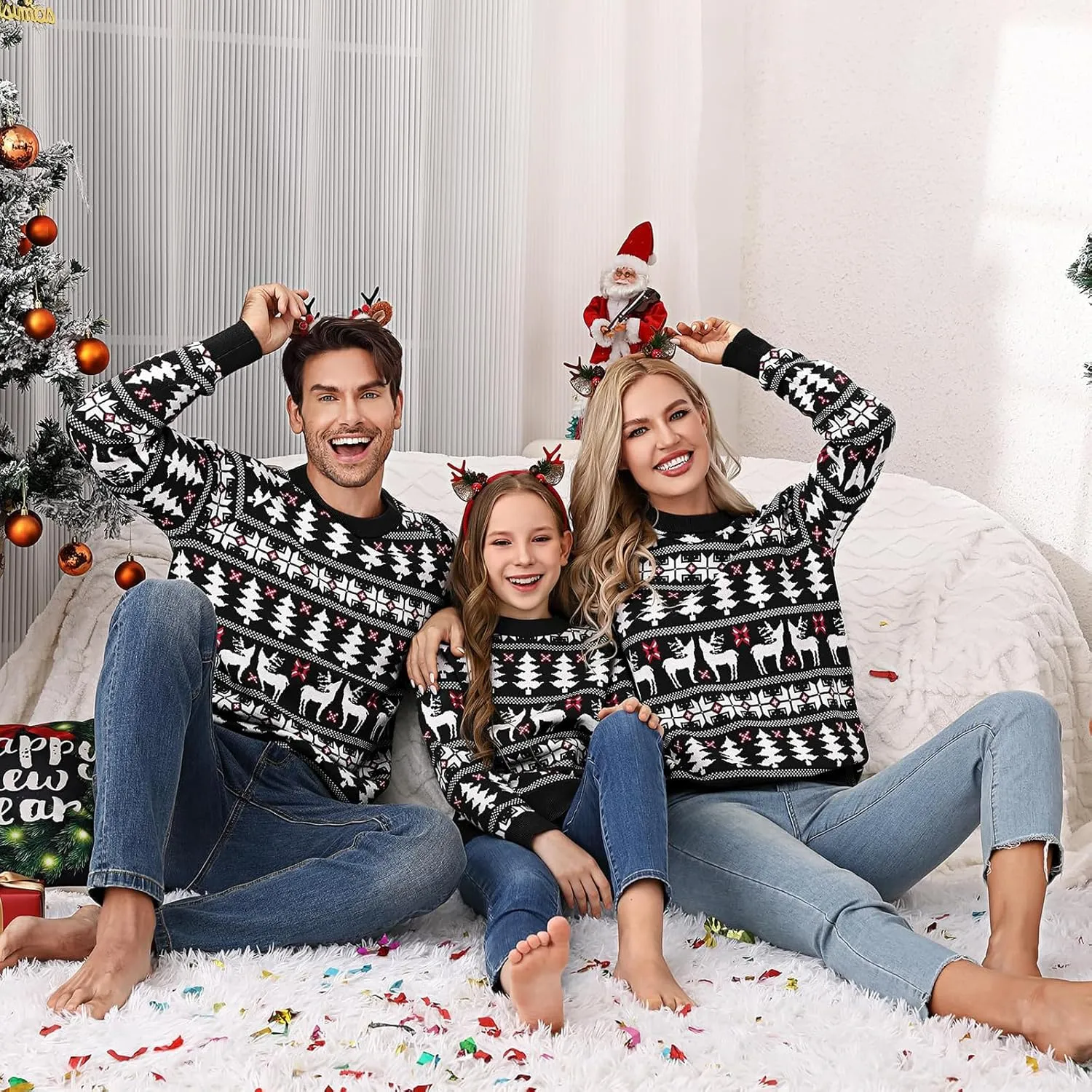 Family Ugly Christmas Sweaters Cute Long Sleeve Crew Neck Reindeer Knitwear Pullover Top Fall Winter Clothes