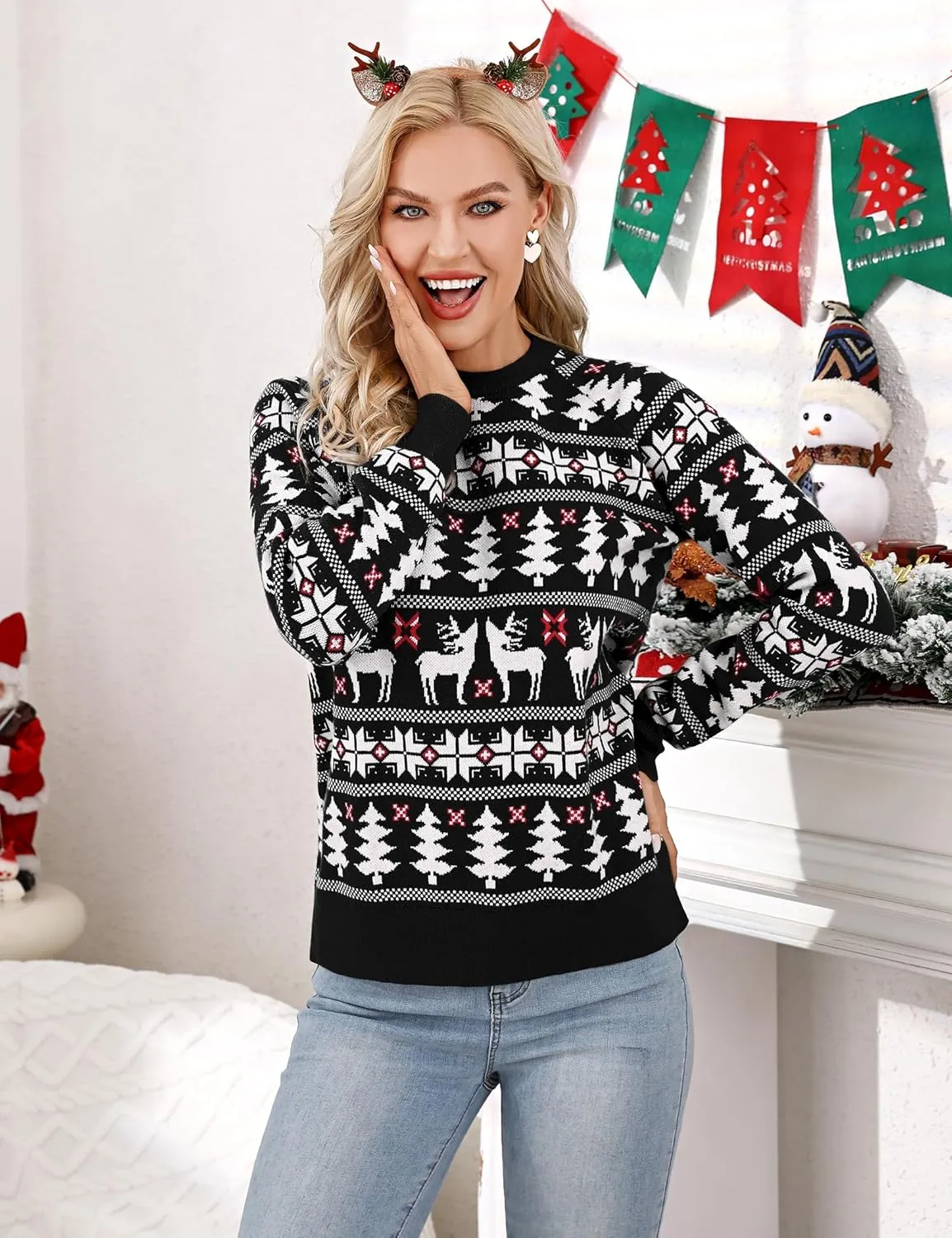 Family Ugly Christmas Sweaters Cute Long Sleeve Crew Neck Reindeer Knitwear Pullover Top Fall Winter Clothes
