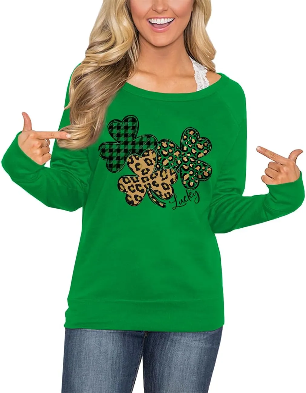 For G and PL Women's St. Patrick's Day Green Long Sleeve Sweatshirt Funny Casual Irish Shirt