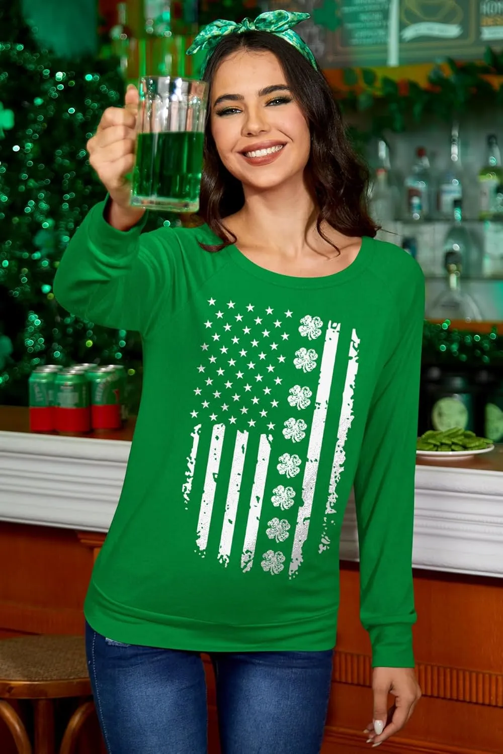 For G and PL Women's St. Patrick's Day Green Long Sleeve Sweatshirt Funny Casual Irish Shirt