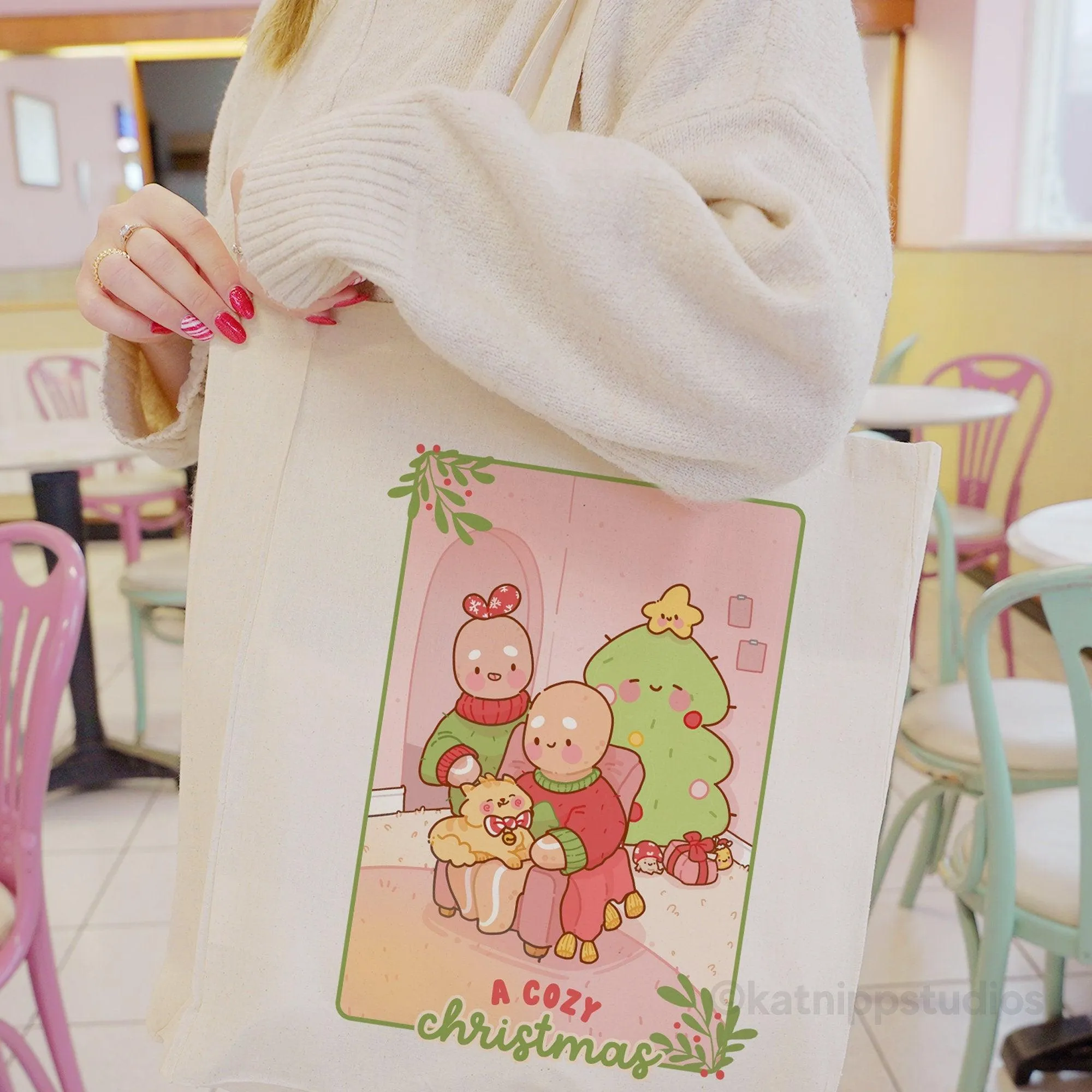 Gingie & Spice Christmas Tote Bag | Cozy Holiday Scene with Festive Friends | Eco-Friendly Accessory