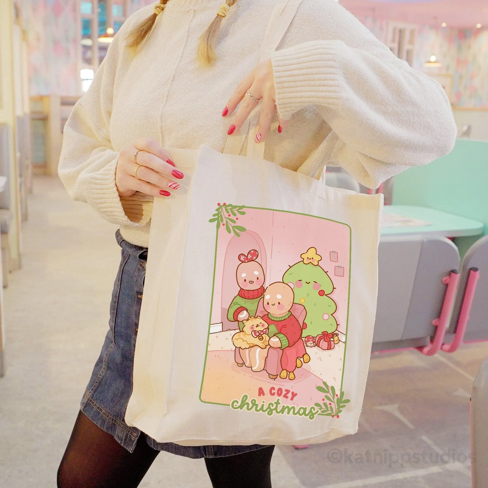 Gingie & Spice Christmas Tote Bag | Cozy Holiday Scene with Festive Friends | Eco-Friendly Accessory