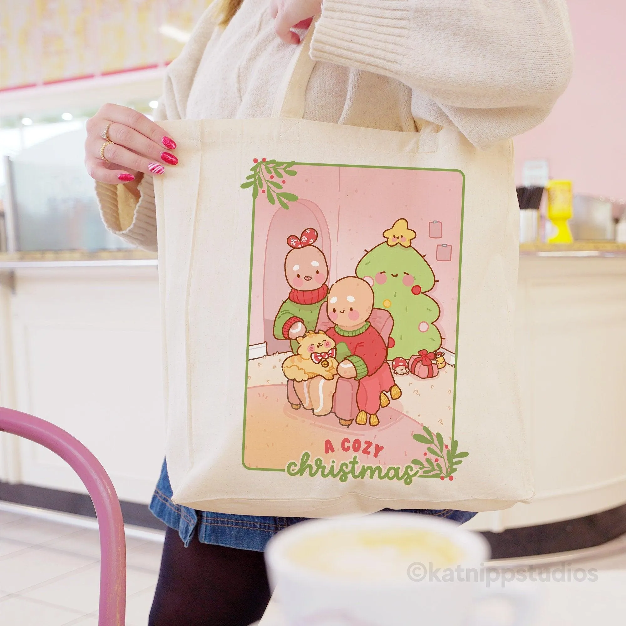 Gingie & Spice Christmas Tote Bag | Cozy Holiday Scene with Festive Friends | Eco-Friendly Accessory