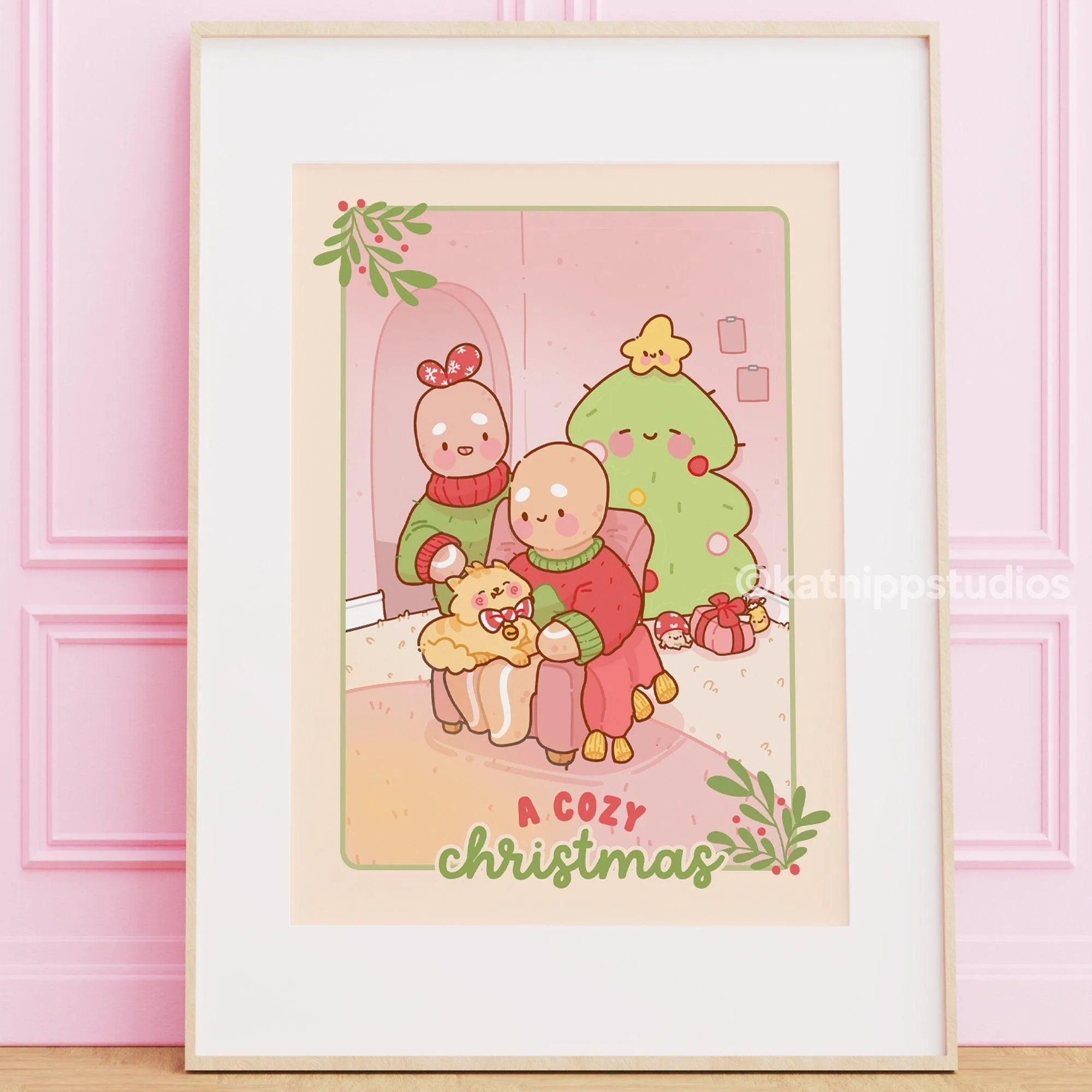 Gingie & Spice Cozy Christmas Art Print │ Cute Holiday Wall Décor │ Kawaii Gingerbread Scene