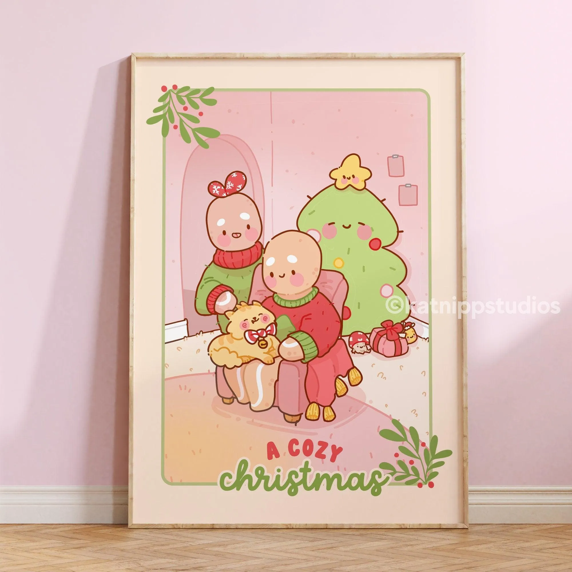 Gingie & Spice Cozy Christmas Art Print │ Cute Holiday Wall Décor │ Kawaii Gingerbread Scene