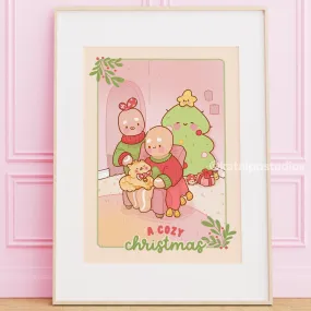 Gingie & Spice Cozy Christmas Art Print │ Cute Holiday Wall Décor │ Kawaii Gingerbread Scene