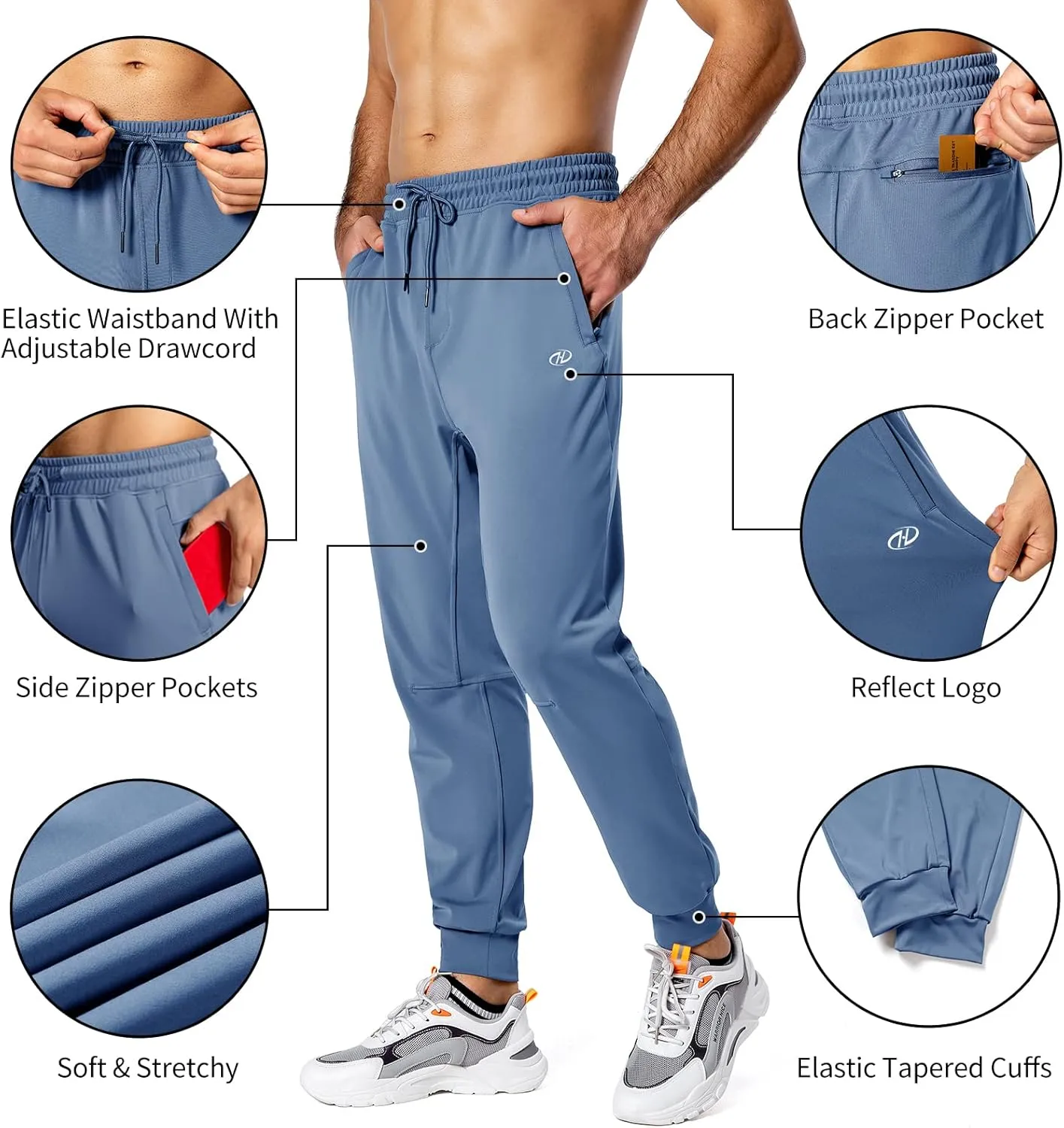 Hugut Men's Sweatpants Lightweight with Zipper Pockets Tapered Joggers Athletic Track Pants for Workout Running Training