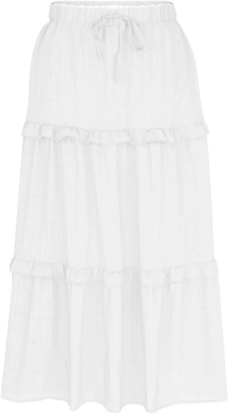JOAU Women's Boho Vacation Long Skirt Drawstring Elastic High Waist Pleated A-Line Flowy Swing Ruffle Tiered Maxi Skirts