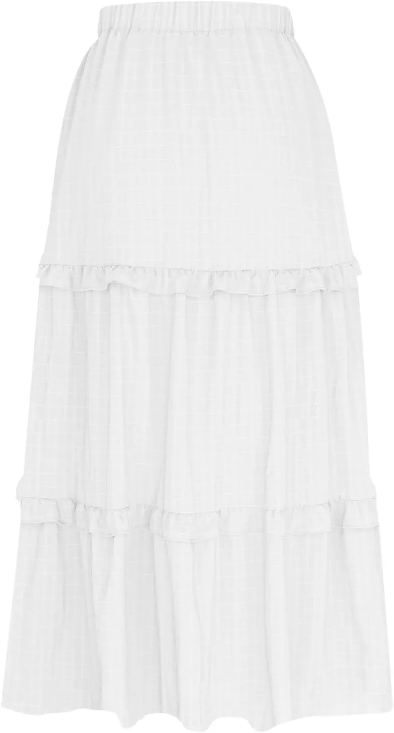 JOAU Women's Boho Vacation Long Skirt Drawstring Elastic High Waist Pleated A-Line Flowy Swing Ruffle Tiered Maxi Skirts