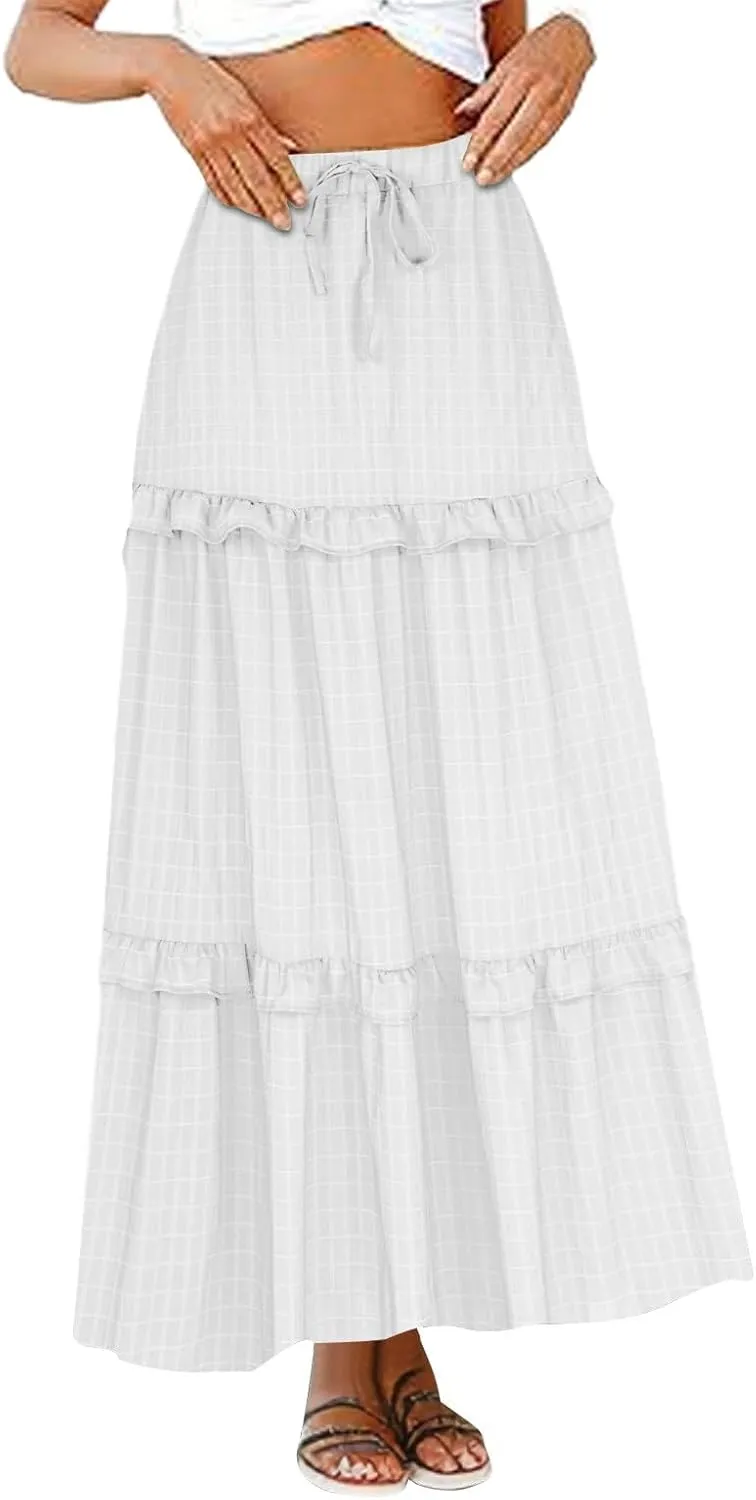 JOAU Women's Boho Vacation Long Skirt Drawstring Elastic High Waist Pleated A-Line Flowy Swing Ruffle Tiered Maxi Skirts