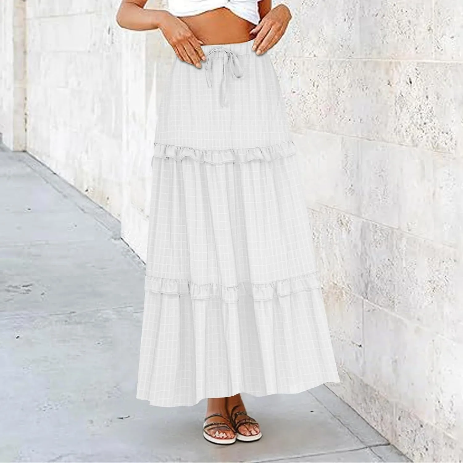 JOAU Women's Boho Vacation Long Skirt Drawstring Elastic High Waist Pleated A-Line Flowy Swing Ruffle Tiered Maxi Skirts