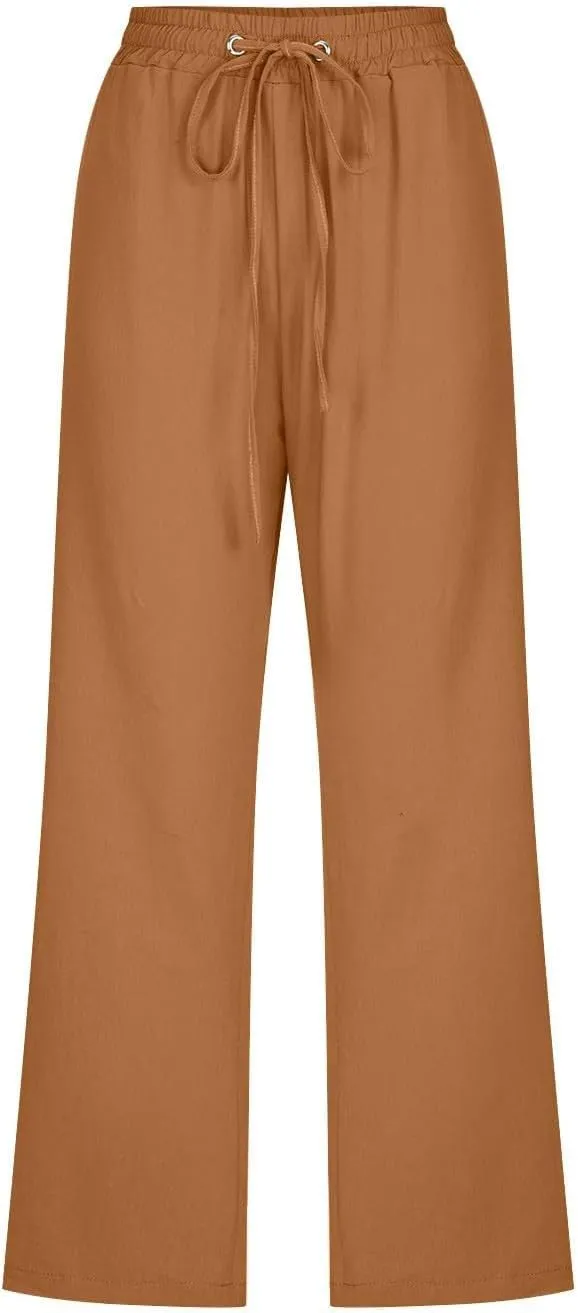 Linen Capri Pants for Women Casual 2025 Summer Drawstring Elastic High Waist Pant Loose Wide Leg Cropped Trouser