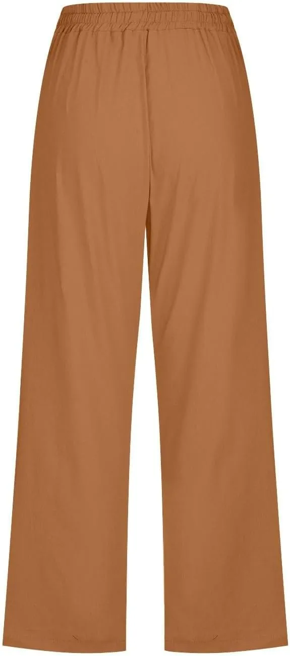 Linen Capri Pants for Women Casual 2025 Summer Drawstring Elastic High Waist Pant Loose Wide Leg Cropped Trouser