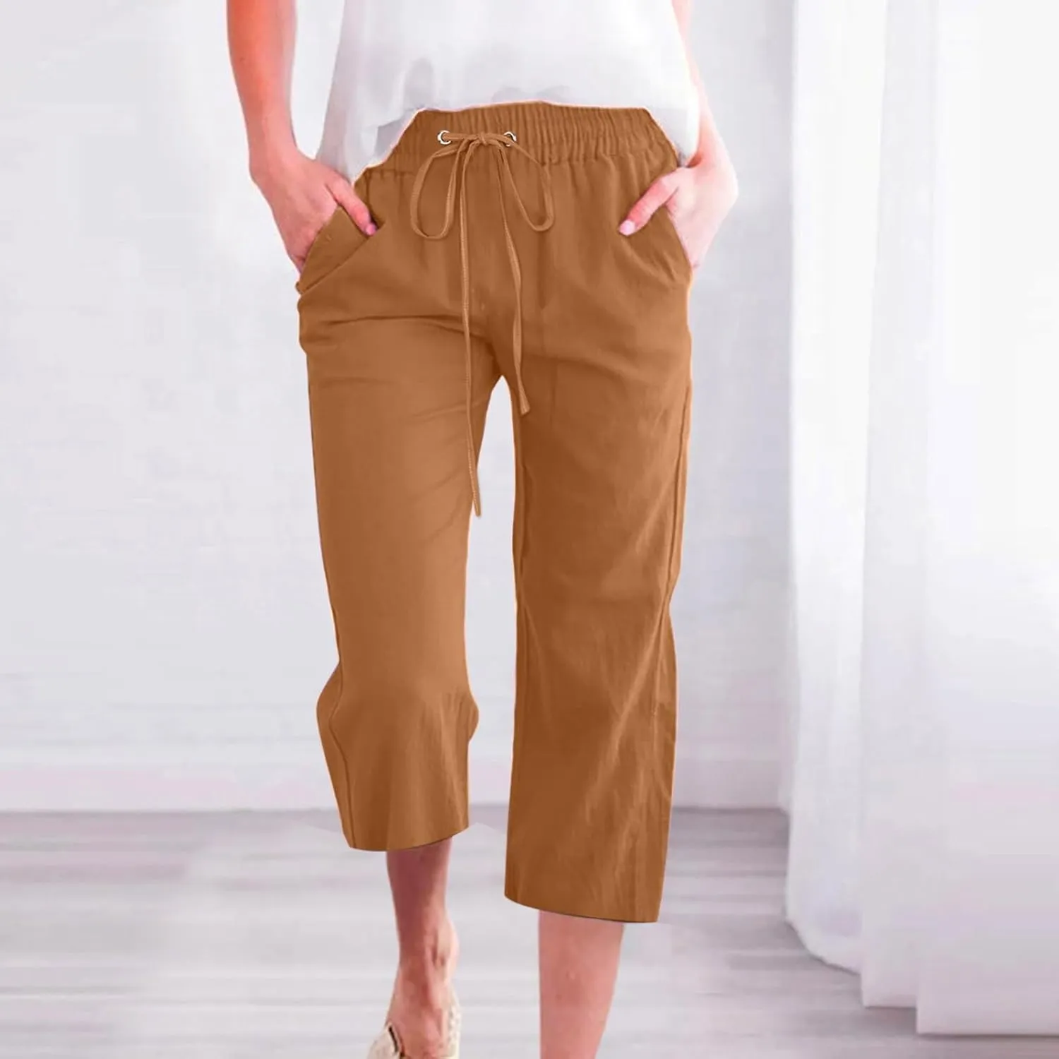 Linen Capri Pants for Women Casual 2025 Summer Drawstring Elastic High Waist Pant Loose Wide Leg Cropped Trouser