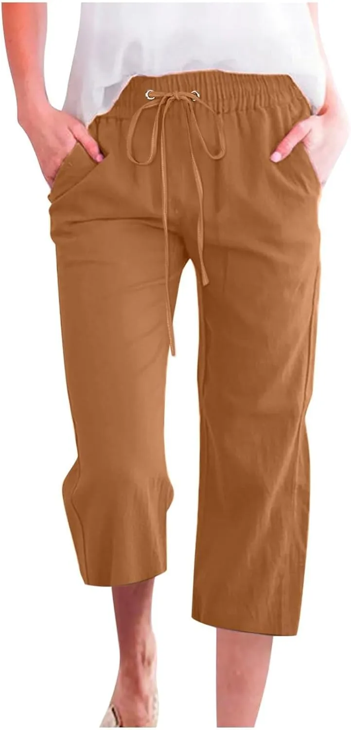 Linen Capri Pants for Women Casual 2025 Summer Drawstring Elastic High Waist Pant Loose Wide Leg Cropped Trouser