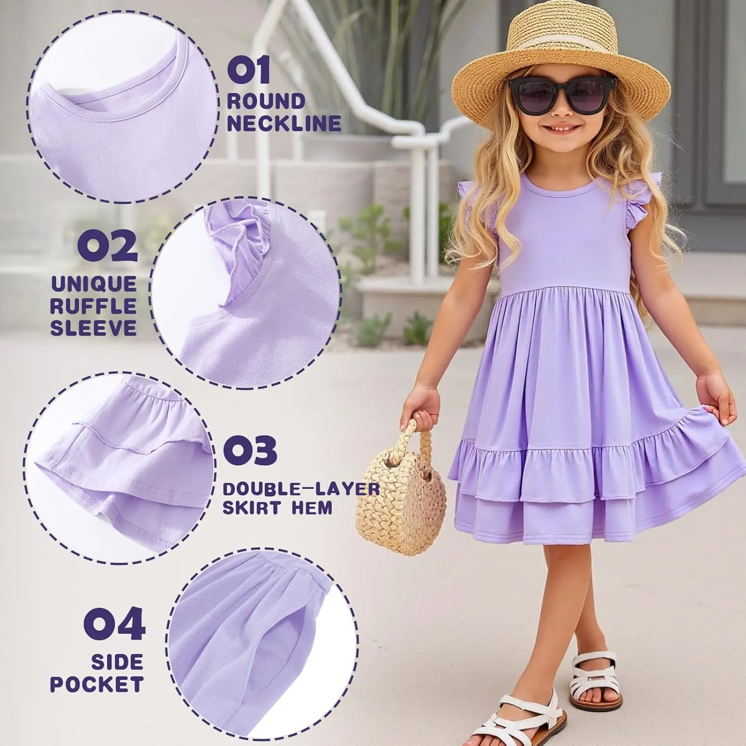 Little Bitty Toddler Girl's Dresses Summer Cotton Dress Flutter Sleeve Tiered Casual Skater Frock Twirly Sundress 3-8 Years