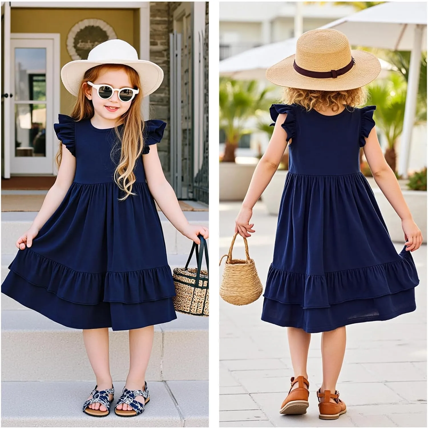 Little Bitty Toddler Girl's Dresses Summer Cotton Dress Flutter Sleeve Tiered Casual Skater Frock Twirly Sundress 3-8 Years