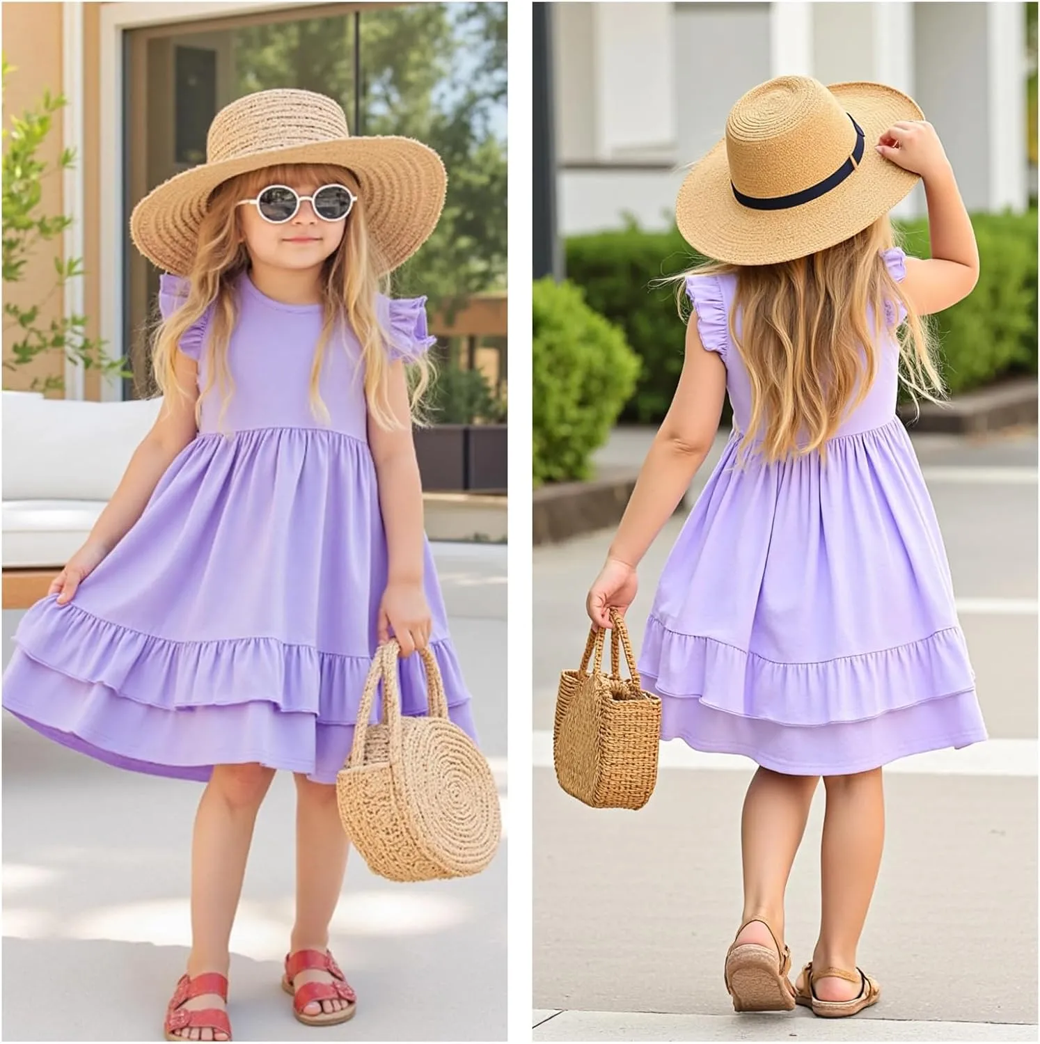 Little Bitty Toddler Girl's Dresses Summer Cotton Dress Flutter Sleeve Tiered Casual Skater Frock Twirly Sundress 3-8 Years