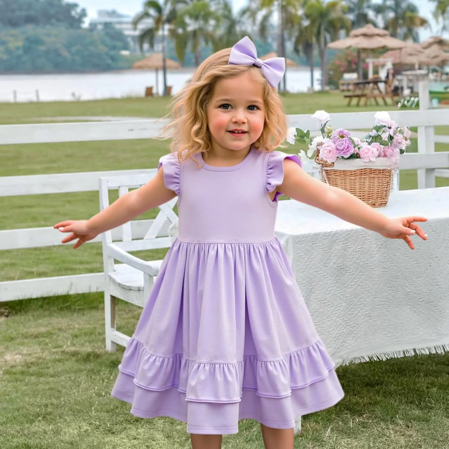 Little Bitty Toddler Girl's Dresses Summer Cotton Dress Flutter Sleeve Tiered Casual Skater Frock Twirly Sundress 3-8 Years