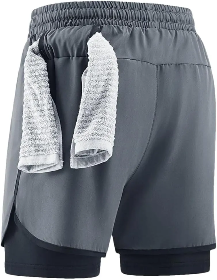 Men's Quick Dry 2-in-1 Running Shorts Elastic Waist Athletic Fit Gym Sports Training Jogger Sweatpants Shorts