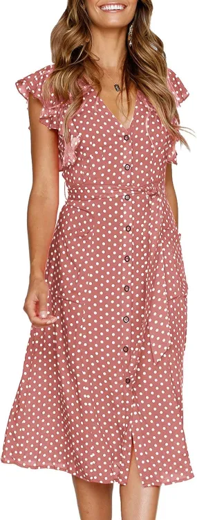 MITILLY Women's Boho Polka Dot Flutter Short Sleeve V Neck Button Down Swing Midi Dress with Pockets