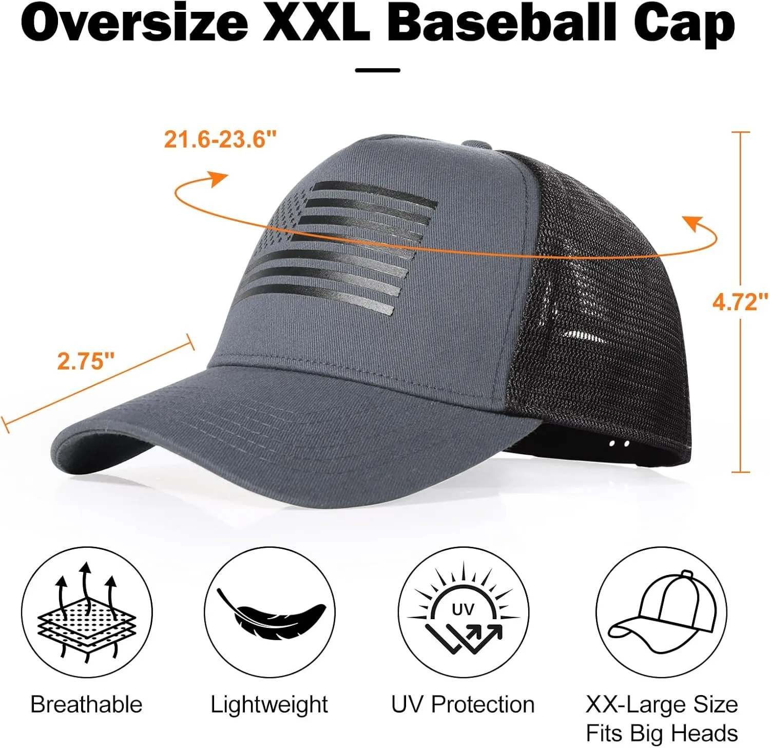 Oversize XXL American Flag Trucker Hat - Adjustable 23"-25.5" Baseball Cap - 3D Embossed Logo Mesh Snapback Hat