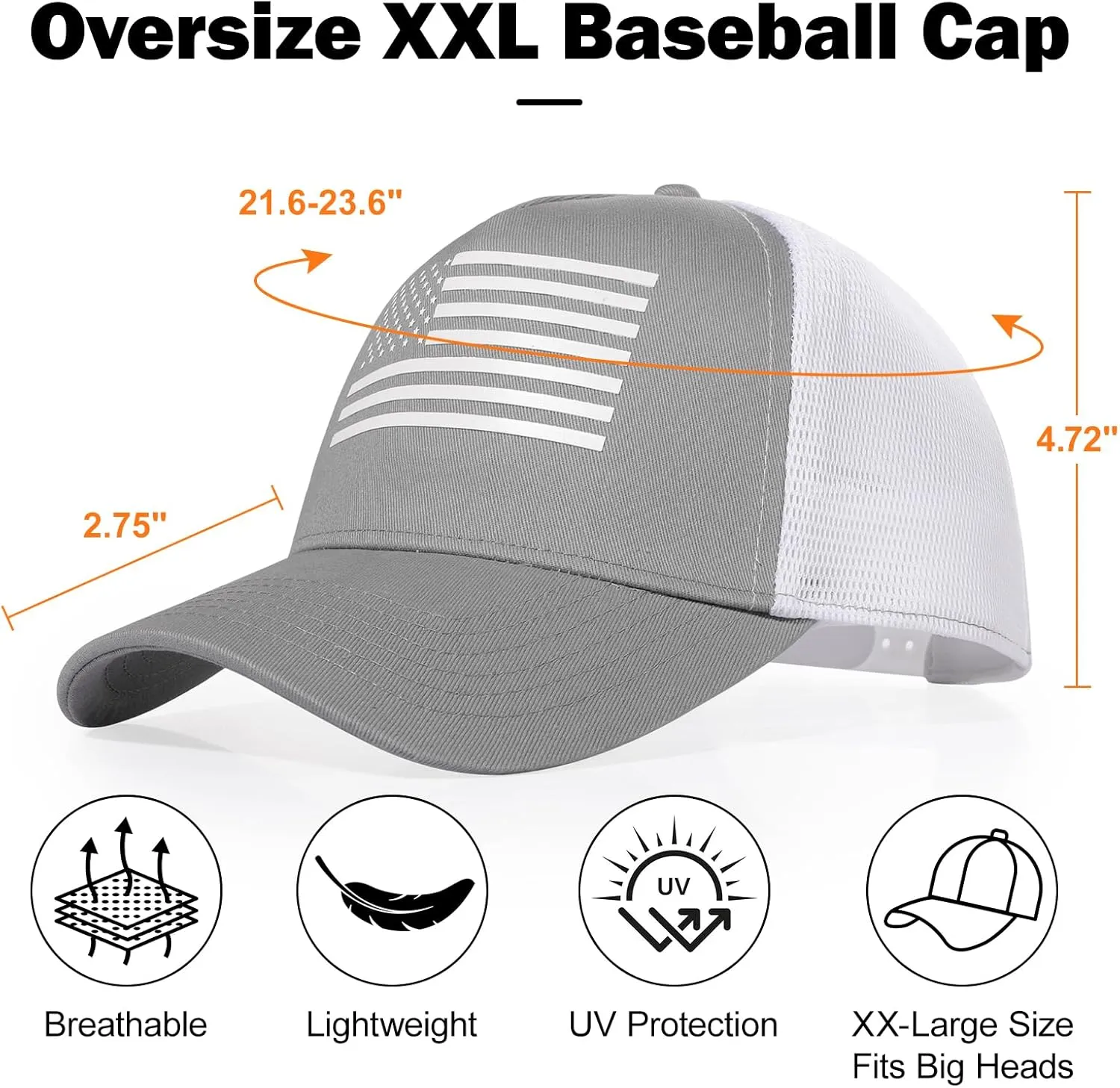 Oversize XXL American Flag Trucker Hat - Adjustable 23"-25.5" Baseball Cap - 3D Embossed Logo Mesh Snapback Hat