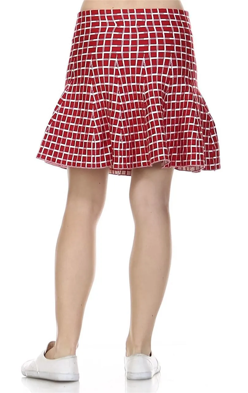 Pleated Skirt with High Waisted Skater Flare Checkered Red