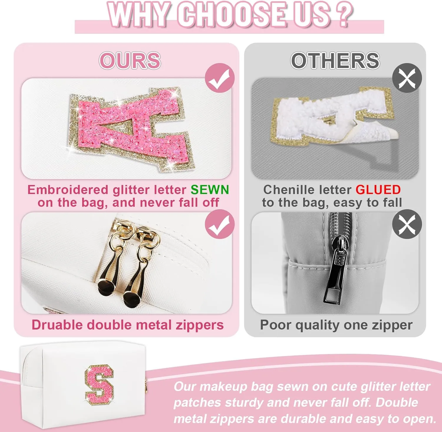 Small Personalized Initial A-Z Makeup Bag, Preppy Cute Pink PU Leather Glitter Letter Cosmetic Zipper Pouch, Waterproof Travel Toiletry Storage Monogram Make Up Bag Mother's Day Gift for Women Girls,S
