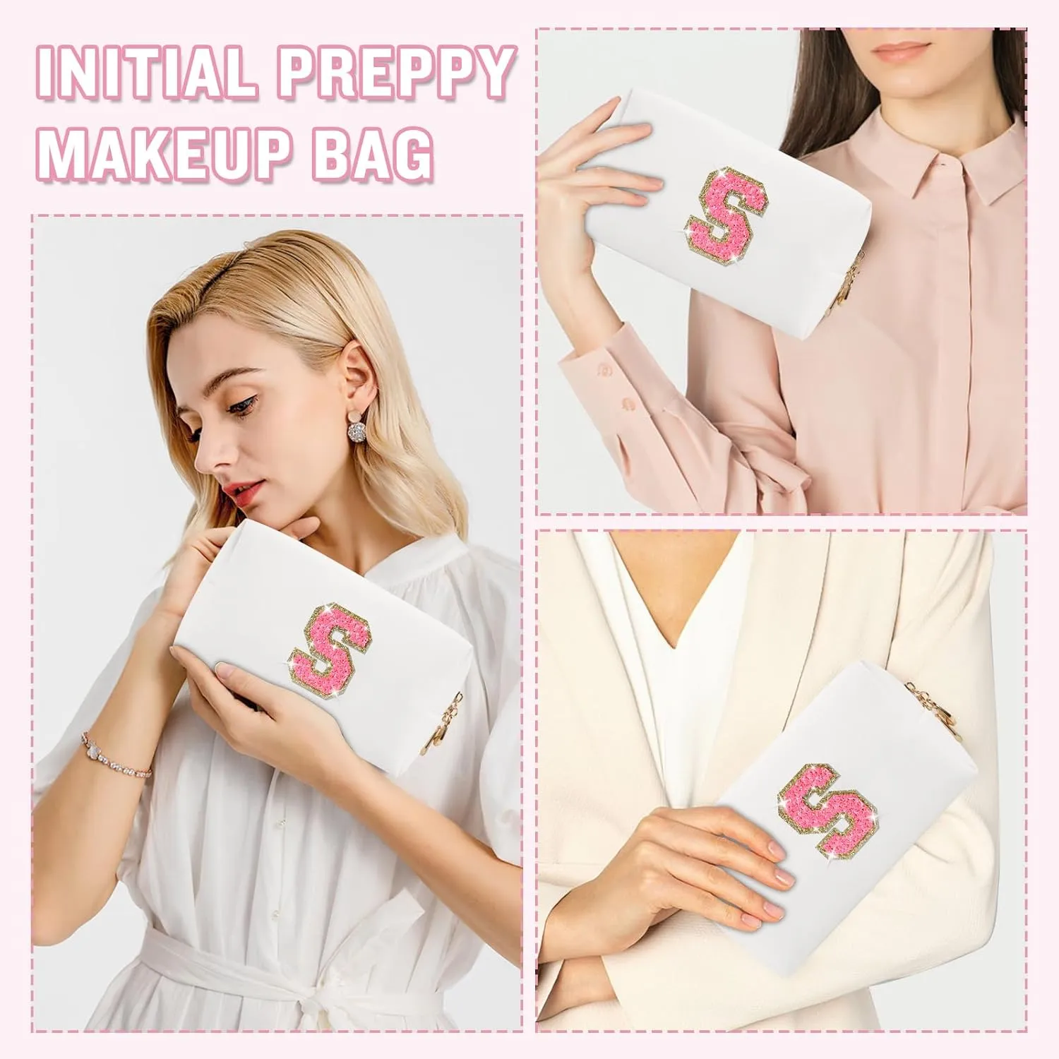 Small Personalized Initial A-Z Makeup Bag, Preppy Cute Pink PU Leather Glitter Letter Cosmetic Zipper Pouch, Waterproof Travel Toiletry Storage Monogram Make Up Bag Mother's Day Gift for Women Girls,S