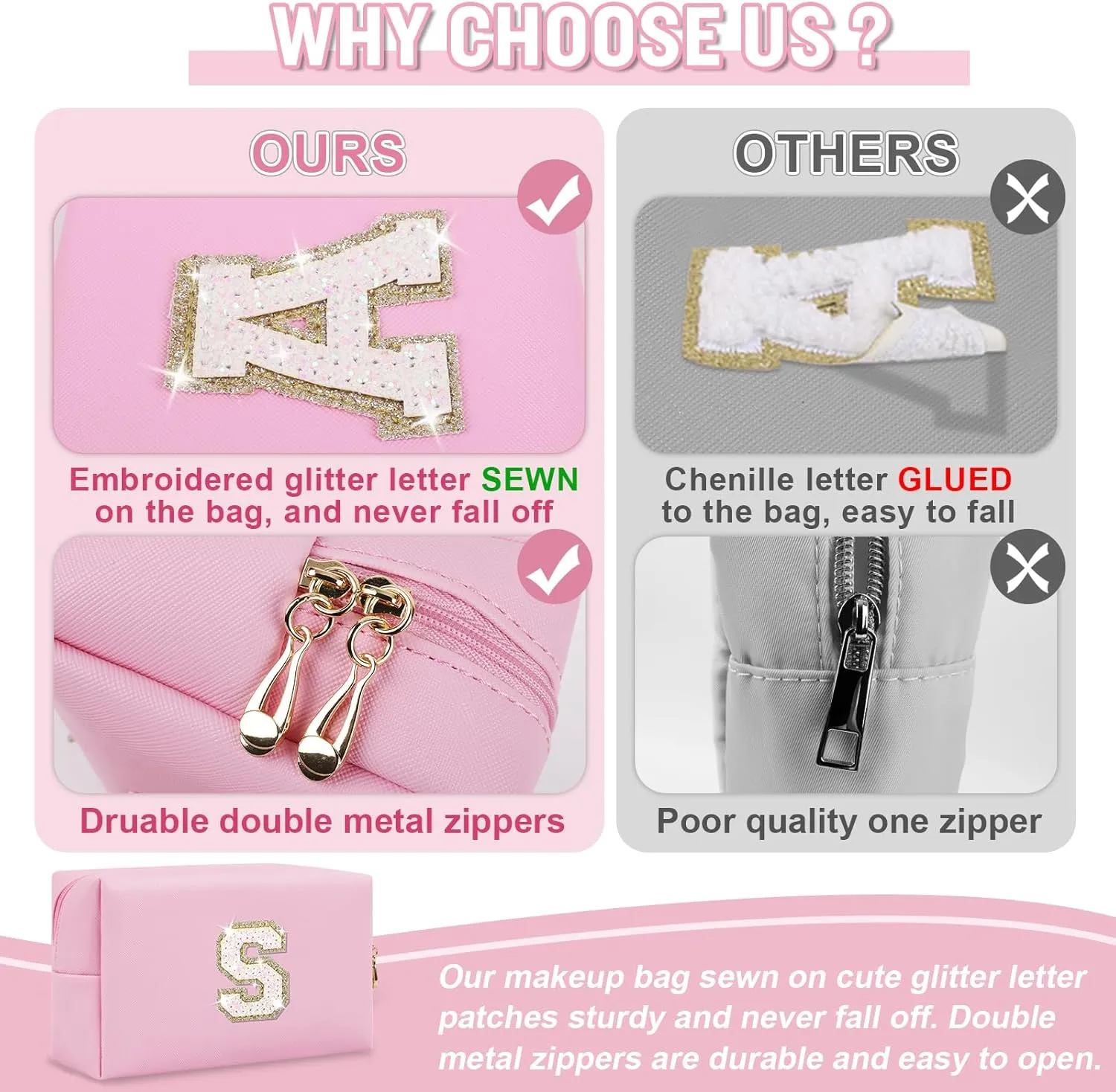 Small Personalized Initial A-Z Makeup Bag, Preppy Cute Pink PU Leather Glitter Letter Cosmetic Zipper Pouch, Waterproof Travel Toiletry Storage Monogram Make Up Bag Mother's Day Gift for Women Girls,S