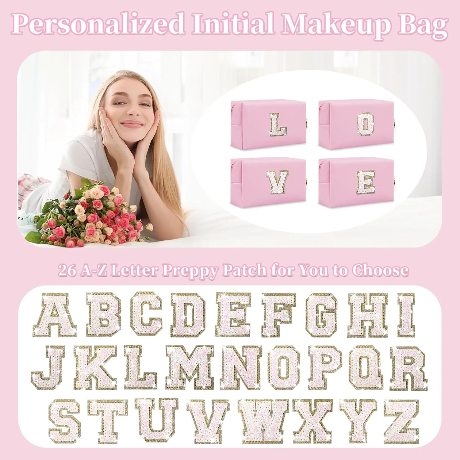 Small Personalized Initial A-Z Makeup Bag, Preppy Cute Pink PU Leather Glitter Letter Cosmetic Zipper Pouch, Waterproof Travel Toiletry Storage Monogram Make Up Bag Mother's Day Gift for Women Girls,S